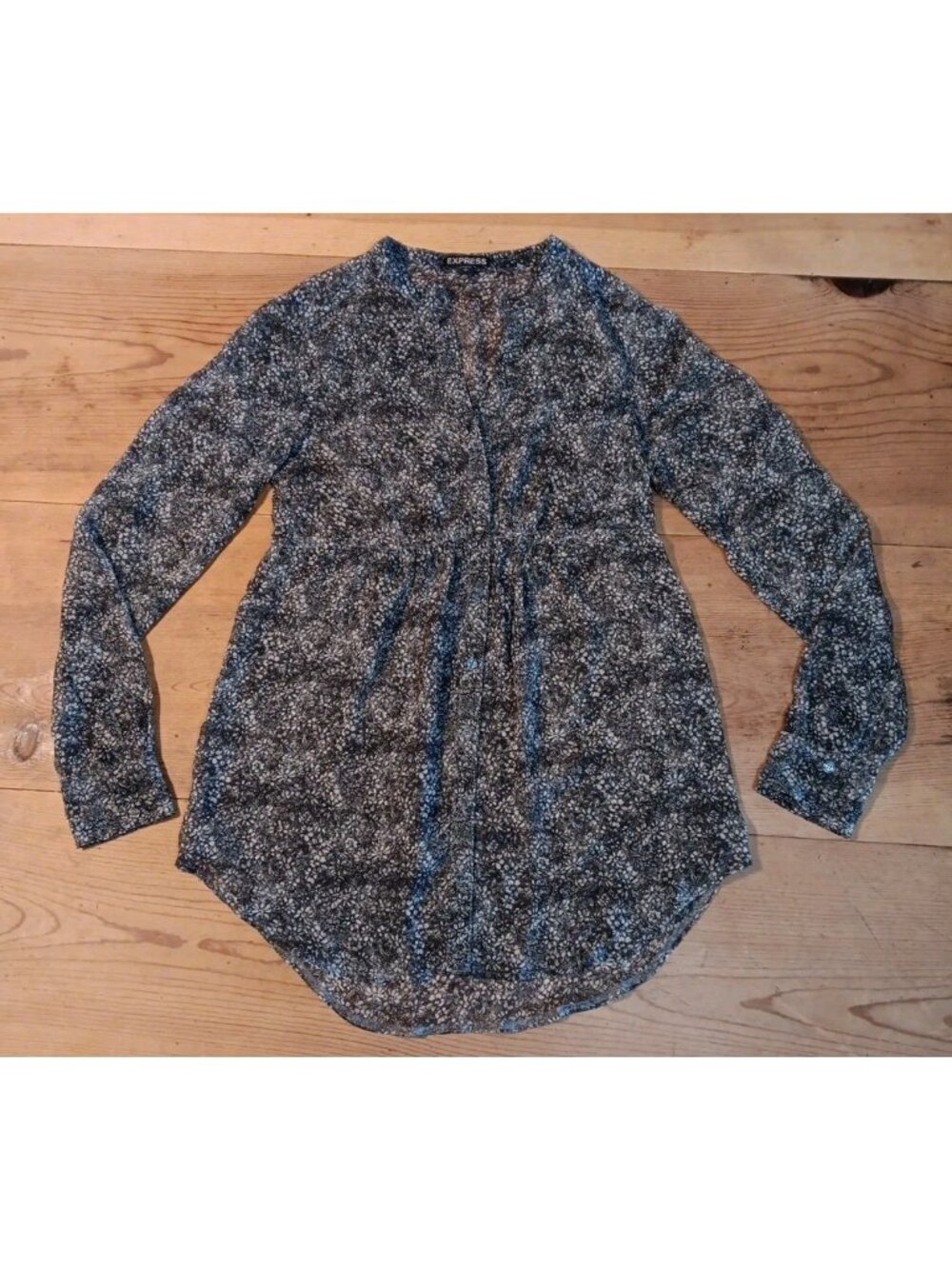 Vtg Express Women S Sheer Babydoll Top Floral Ditsy Gray Button Up Long Sleeve